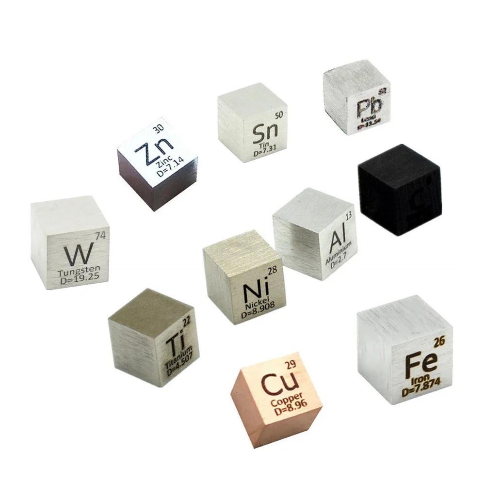 

Distillation Element Cube 10mm Gift Density Periodic Table Metal Up 99.99% Purity Cu Titanium Tungsten Iron SET 9 PCS Gift