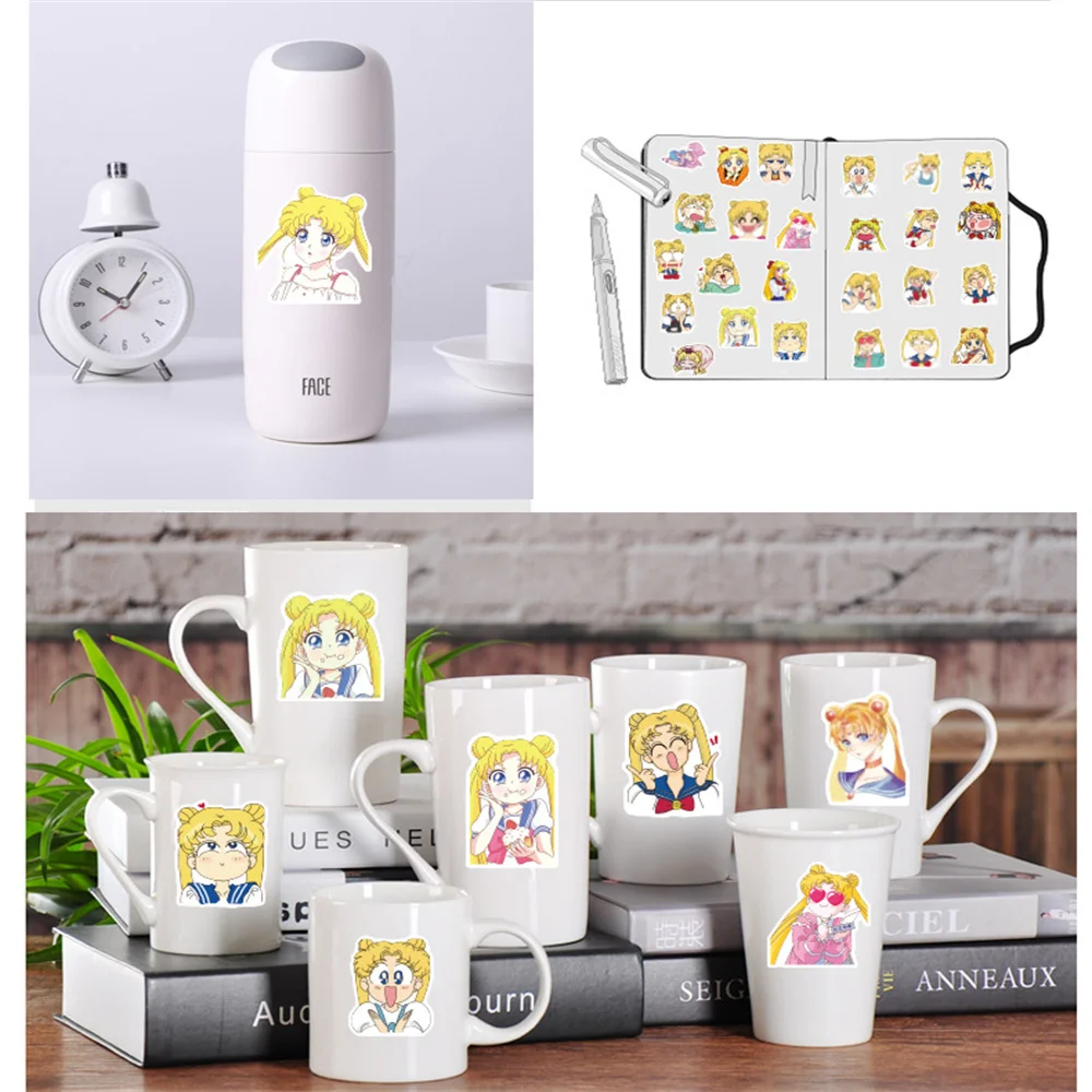 Moon Sailor Moon-garabatos para port&aacute;til, guitarra, motocicleta, equipaje, Skateboard, bicicleta, pegatina impermeable, venta al por mayor, 10/30/50 Uds.-5