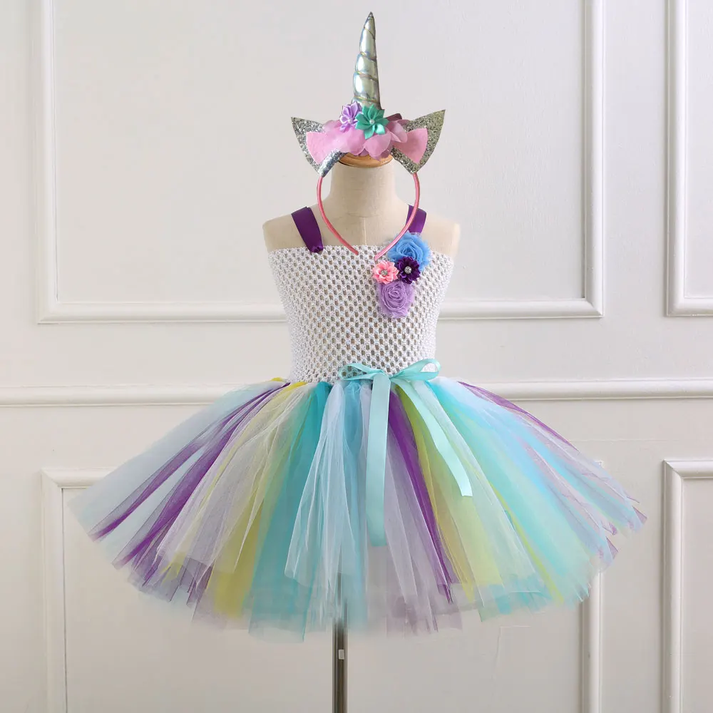 7 Style Flower Girls Unicorn Tutu Dress With Headband Fancy Girl Party Rainbow Tulle Princess Kids Halloween Costume | Детская одежда и
