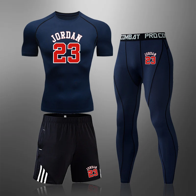 

Quality 3 Pcs/Sets Fitness Sportswear Men's Stretch Jordan 23 Basketball Sports Tights Suit Gym Compression Running Clothes