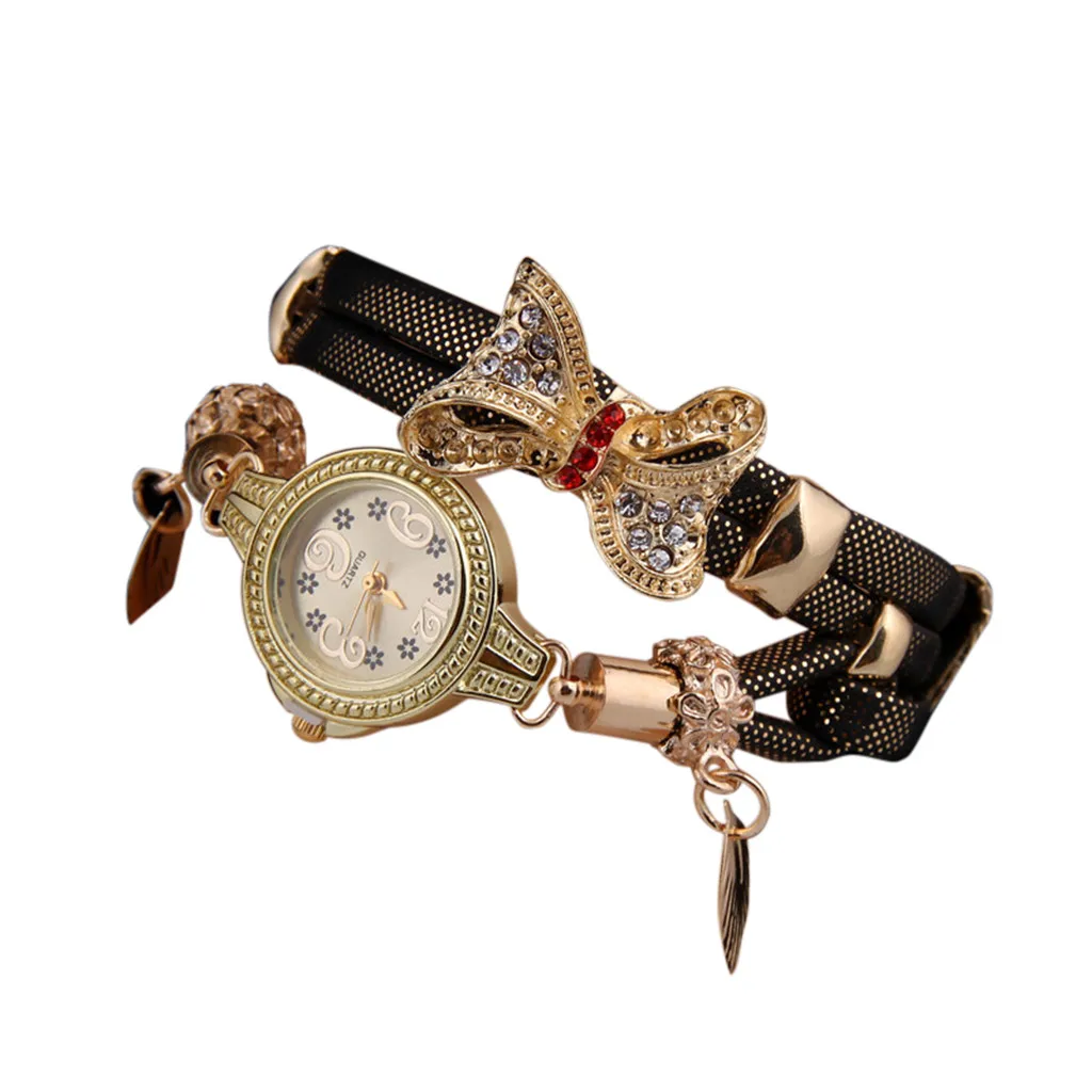 

Butterfly Retro Rhinestone Bracelet Watches Women Lovely Wedding Quartz Wristwatch Leather Clock Relogio Feminino Montre Femme