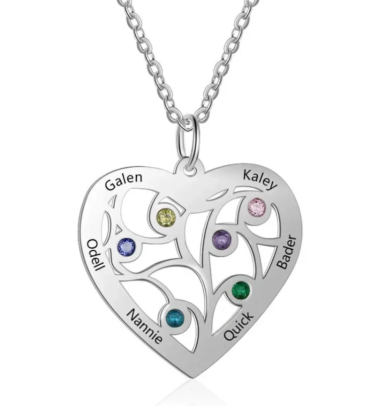 

6 BIRTHSTONES ENGRAVED FAMILY NAMES STAINLESS STEEL PENDANT JEWELRY GIFT