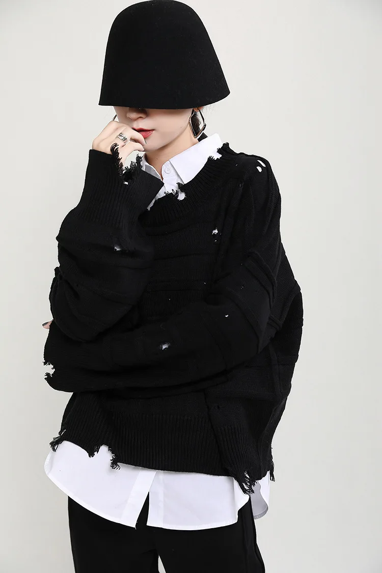 

MSXU Autumn And Winter New 2020 Big Sweater Women Loose Lazy Hole Mid-length Casual Sweater