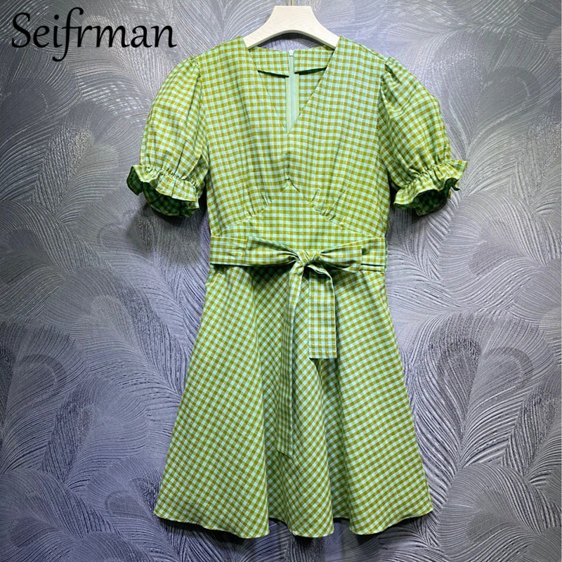 

Seifrmann новые 2021 летние модные дизайнерские качественные женские вечерние мини-платье с длинными рукавами и бантом платье с завышенной талие...