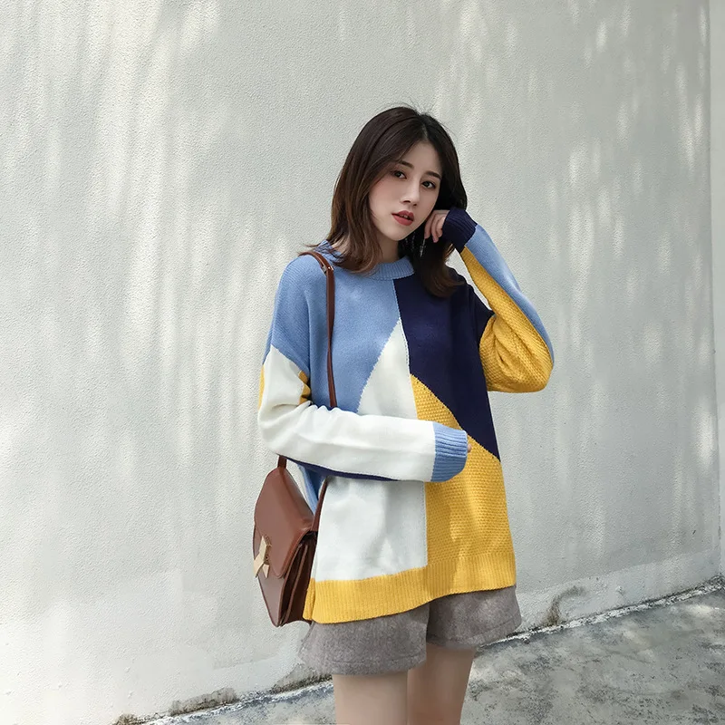 Женский свитер с длинным рукавом и круглым вырезом свободный в Корейском стиле