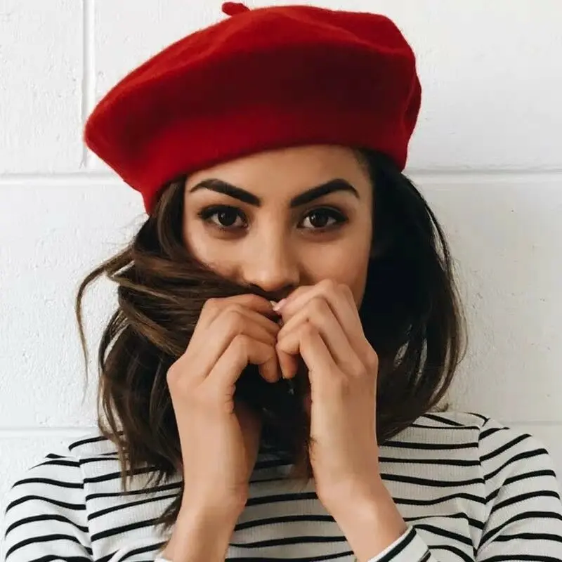 

Winter Warm faux Wool Beret Women Girls French Artist Beanie Hat Cap red black purple beige orange Kawaii Flat Top caps warmers