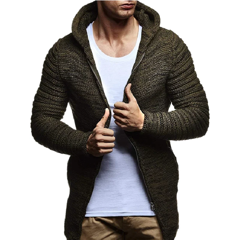 

Men Clothes Casual Coat Beige Striped Spliced Knitted Cardigan Man Full Zip Mens Sweaters Warm Winter Hooded Mans Sweater Male