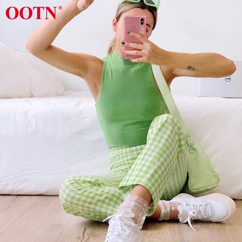 Женские прямые брюки OOTN зеленые летние повседневные с высокой талией винтажные