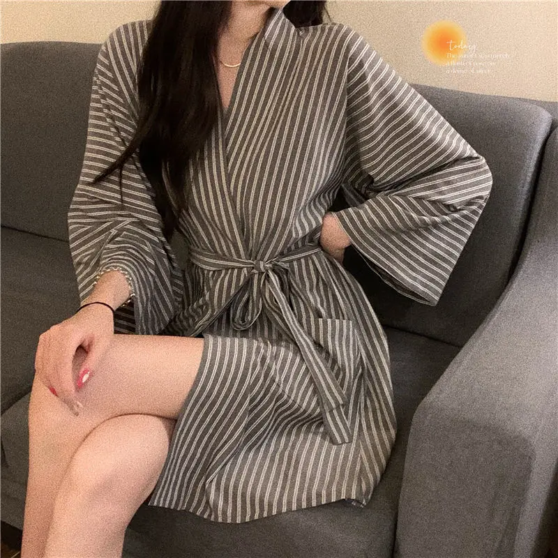 QWEEK Striped Robe Japanese Style Women's Nightwear Autumn Kimono Brief Dressing Gown Long Sleeve Bathrobe Female Sleepwear