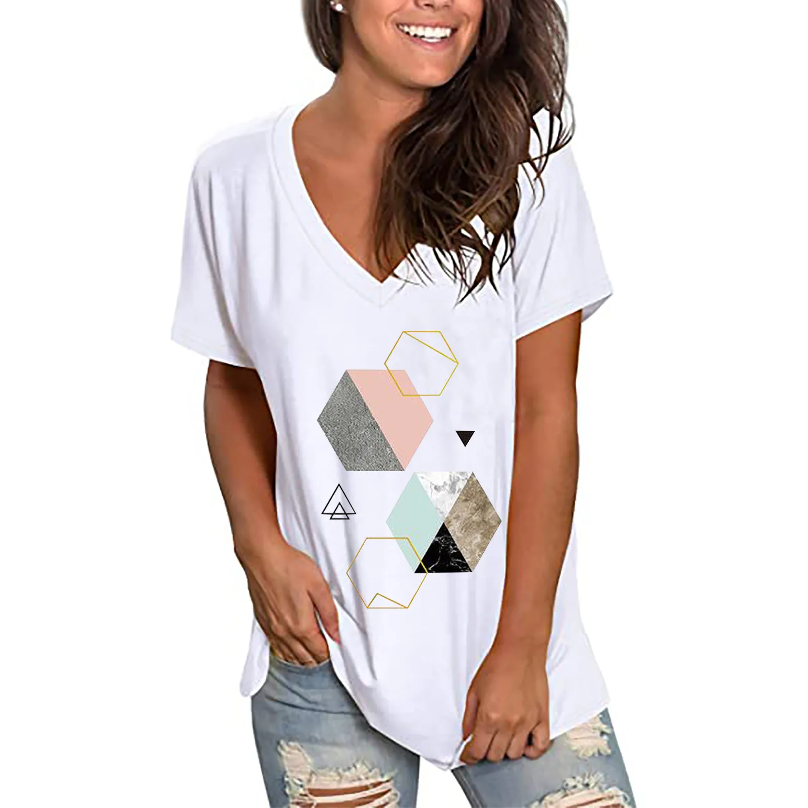 

62# Summer Women's V Neck geometry Print Short Sleeve Shirt Tops Casual Loose Pullover Plus Size Fashion Streewear T-shirts