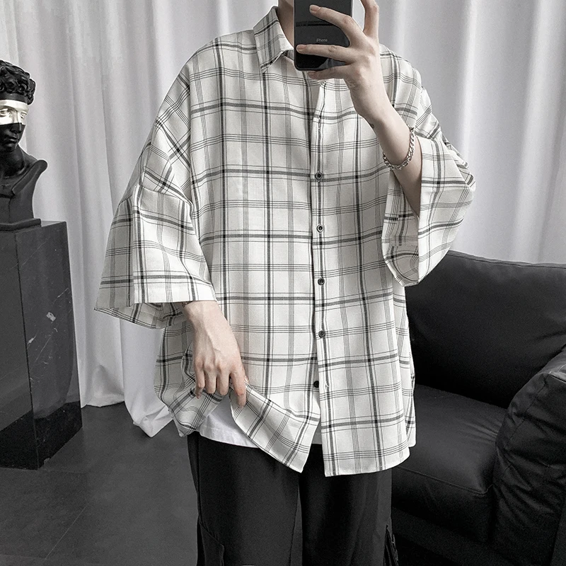 

2021 Shirt Lapel Spring Shirt Plaid Batwing Sleeve Loose Coat Harajuku Casual Loose Student Coat