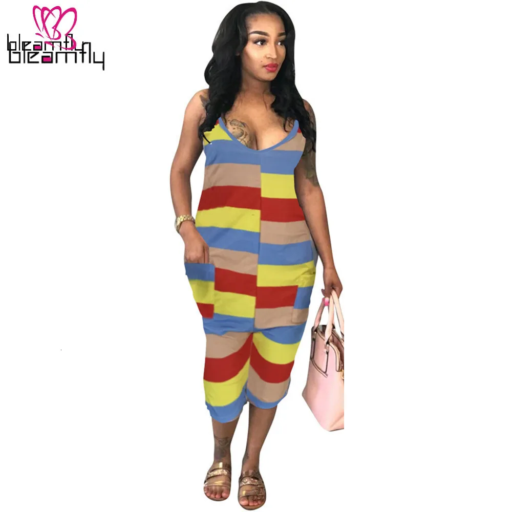 Женский Летний комбинезон на бретельках без рукавов в разноцветную полоску до