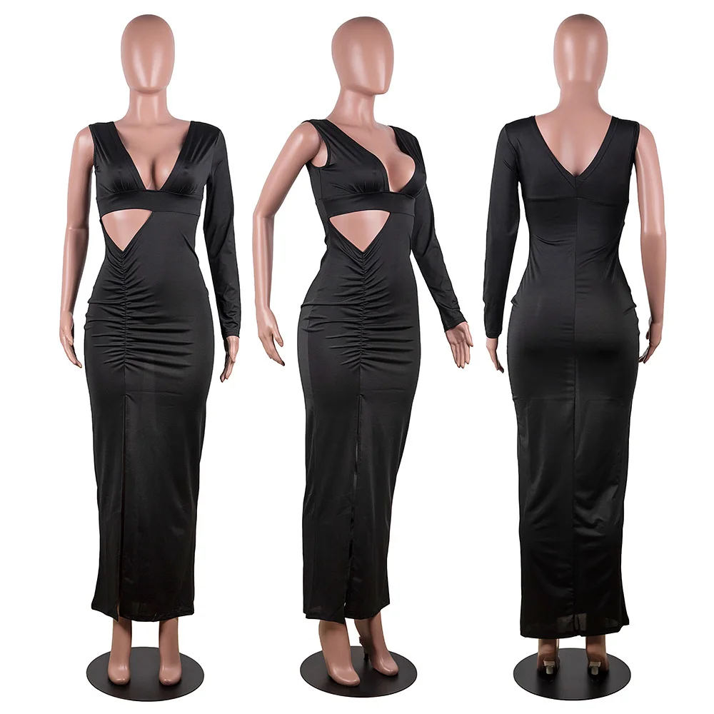 

Echoine Spring One Shoulder Sleeve Pleated Stacked High Side Split Long Maxi Dress Ladies Elegant Satin Hollow Out Party Vestido