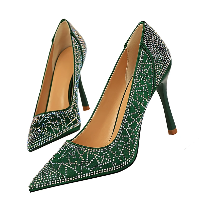 Женские блестящие туфли лодочки на высоком каблуке 9 5 см украшенные кристаллами
