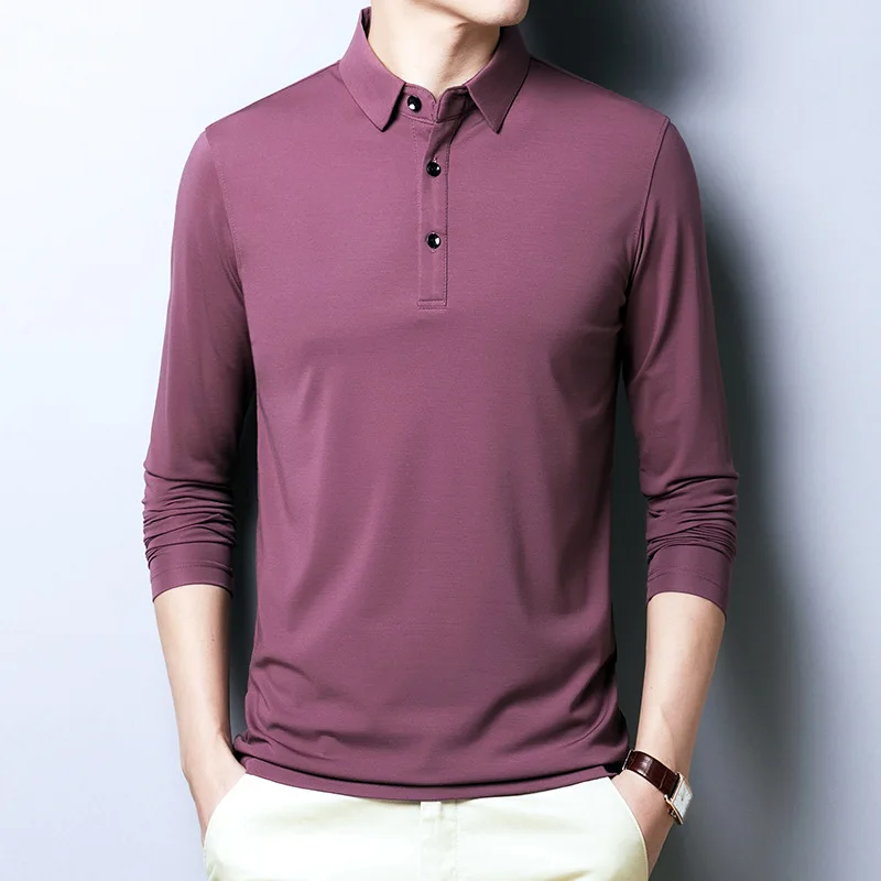 

BROWON 2021 Spring Autumn Casual Men's T-shirt Long-Sleeved Pure Color Cotton Business T-shirt Turn-down Collar Tshirt Men 4XL