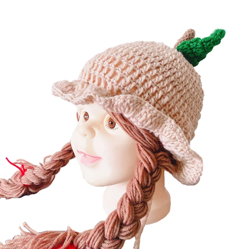 

23GD Baby Winter Warm Knitted Hats Cute Wig Big Braid Earflap Beanie Hat Princess Birthday Gift