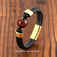 2021 new minimalist style 18mm natural red tiger eye single layer braided leather cord energy bracelet mens stainless steel bra