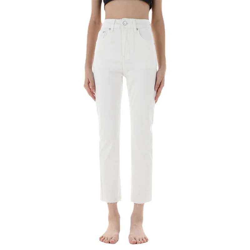 

Женские узкие джинсы с высокой талией Vgoze, белые джинсы с эффектом потертости, небольшие прямые брюки с необработанными краями, женские летн...