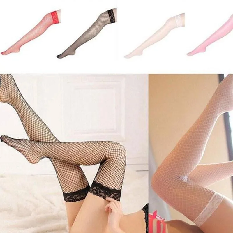 

Women Sexy Fishnet Lace Mesh High Thigh Transparent Stockings Pantyhose Kawaii Over knee Female Long Socks Lace Top 6 Colors