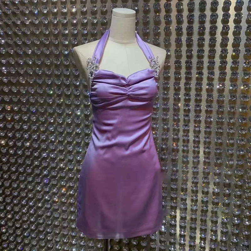 

VGH Sexy Patchwork Diamonds Dress For Women Halter Sleeveless Backless High Waist Ruched Slim Mini Dresses Female Summer Fashion