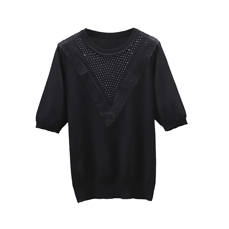 

big size short sleeve T-shirt new women's summer loose casual Diamond kint Oversized sweater fashion lace Summer pullover 2021