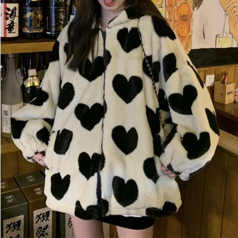 

Love Jacquard Plush Loose and Versatile Hooded Thickened Coat Autumn and Winter Medium Long Sweater Women's Wear