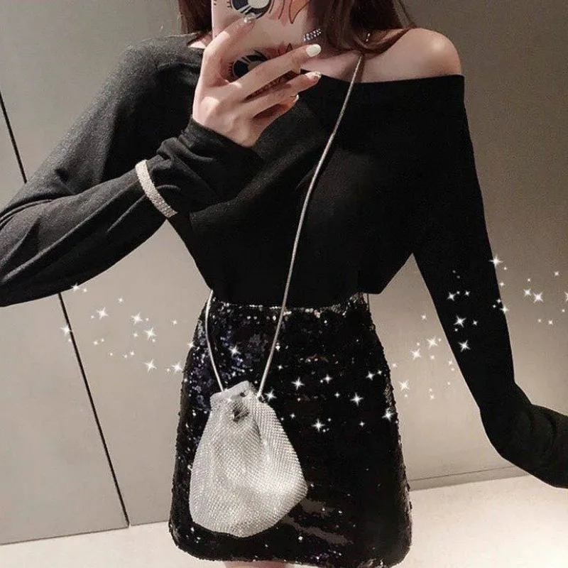 Neoploe/Корейская юбка с высокой талией и блестками на бедрах однотонная облегающая