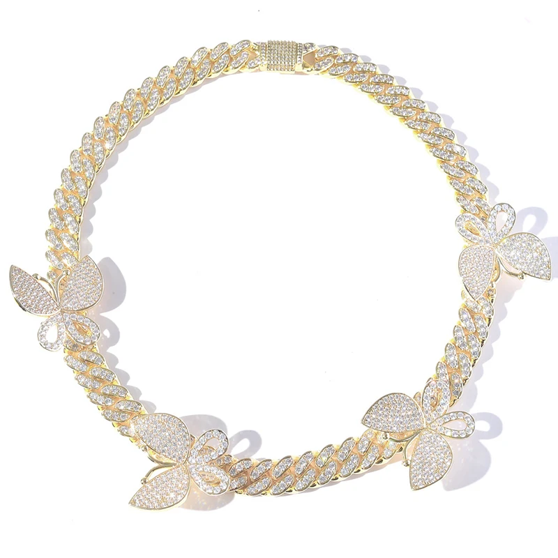 

Hip Hop Micro Inlaid Zircon Butterfly Cuban Necklace 13mm Clavicle necklace 210331-01