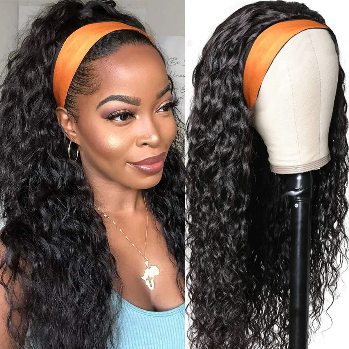 

Water Wave Headband Wig Human Hair Long Wavy Headbands for Women None Lace Front Human Hair Wigs No Gel Glueless Remy Curly Wigs