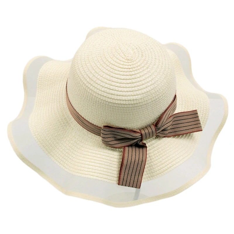

Girls Straw Cap Hepburn Style Lightweight Exquisite Bows Wavy Tulle Brim Sun Cap Charming Lady Daily Accessory