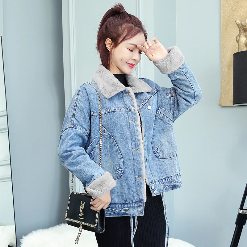 

New Autumn Winter Women Coats Plus Size Fashion Turn-Down Casual Loose Pocket Plus Velvet Jeans Cotton Coat For Women Denim Coat