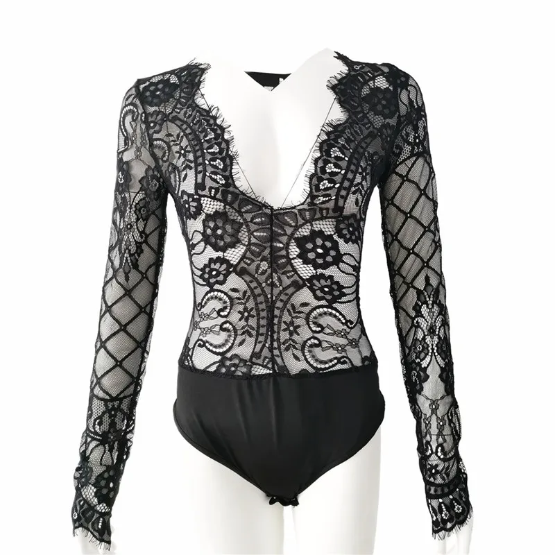 Jumpsuit Female Solid Color Bodycon Skinny Romper Bodysuit Women Lace Deep V-neck Long Sleeve Sexy Autumn Bottoming | Женская одежда