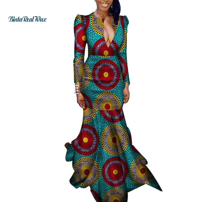 Новое Осеннее женское длинное платье Bazin Riche 100% хлопок в пол с принтом африканском