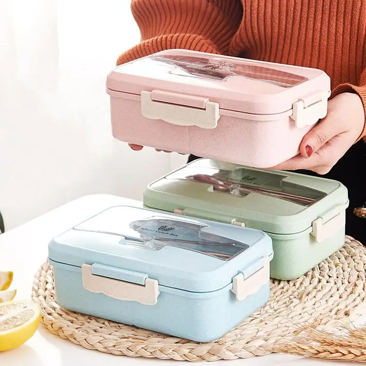 

Wheat Straw Lunch Box With Spoon And Chopsticks Portable Food Container