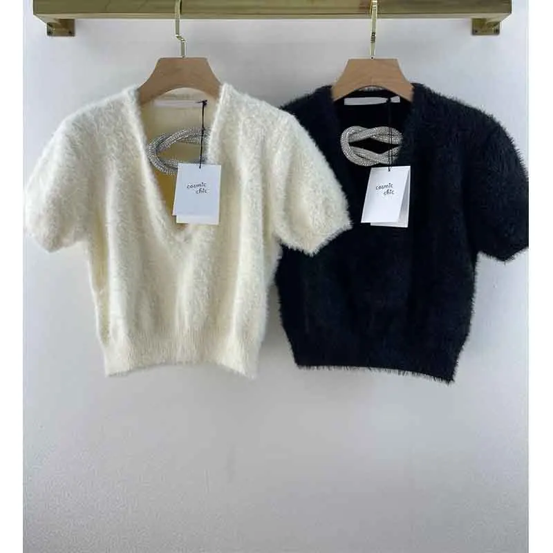 

Cosmicchic 2021 Autumn Winter Pullover Women V-Neck Chain Solid Color Short Sleeve Party Sexy Knitted Sweater T-shirt 2 Colors