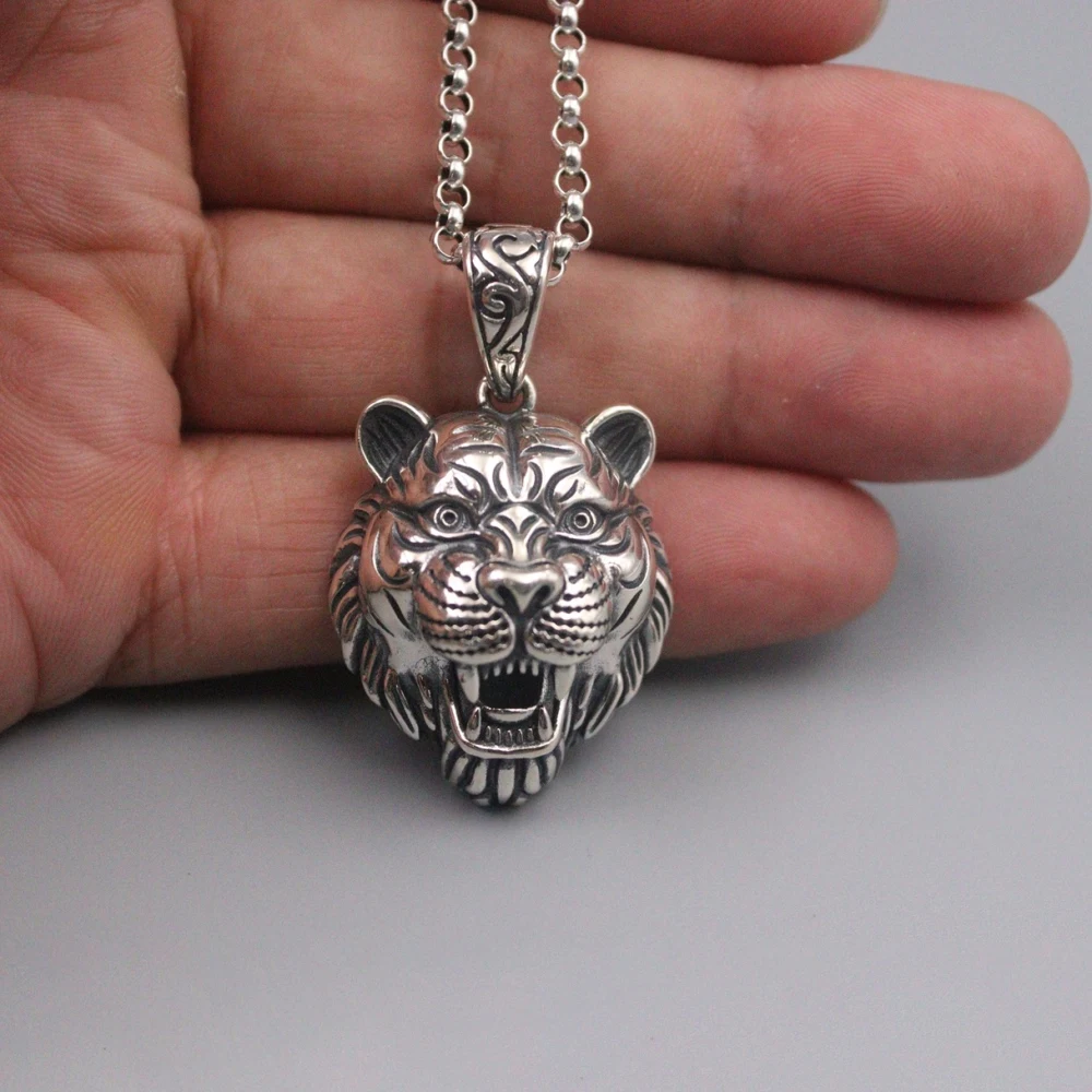 

Pure 925 Sterling Silver Bless Lucky Carved Tiger Head Pendant For Men Best Gift 43*26mm