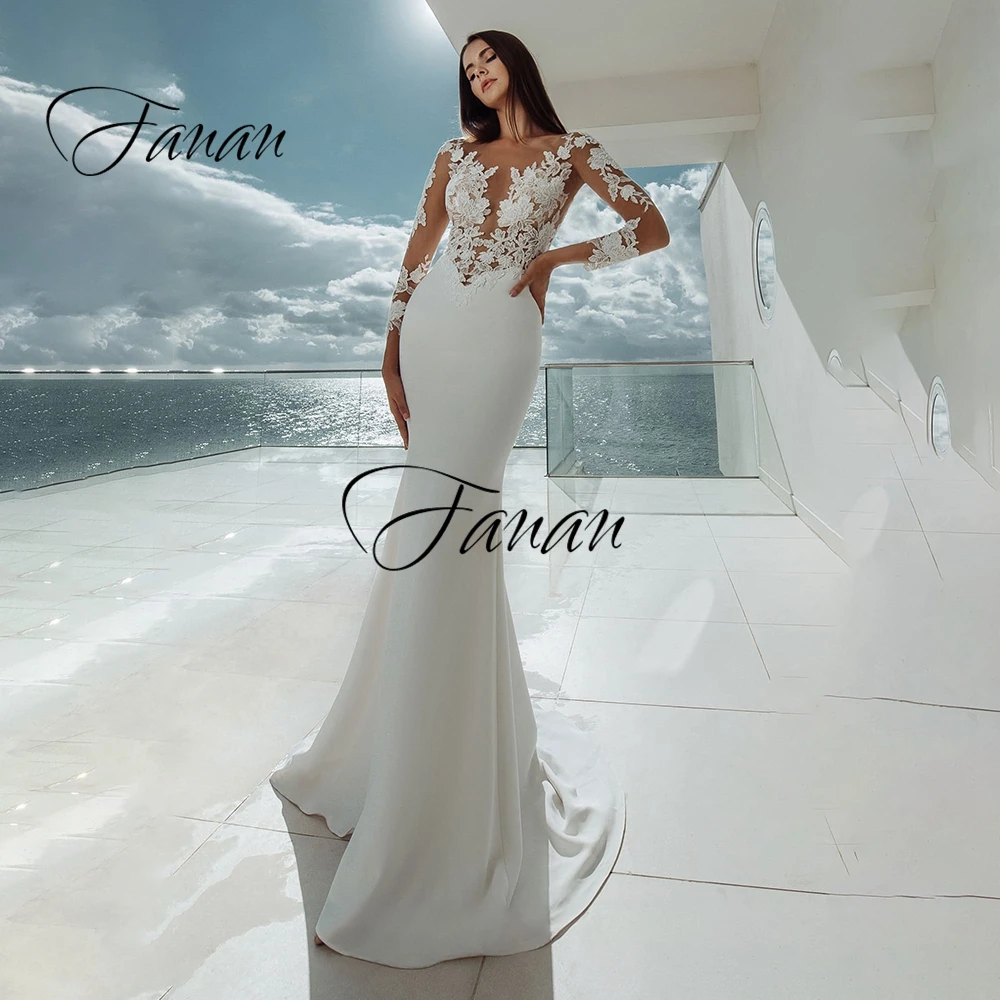 

O-Neck Long Sleeve See-Through Wedding Dresses Mermaid Lace Appliques Satin Bridal Gown Свадебное платье vestido de noiva