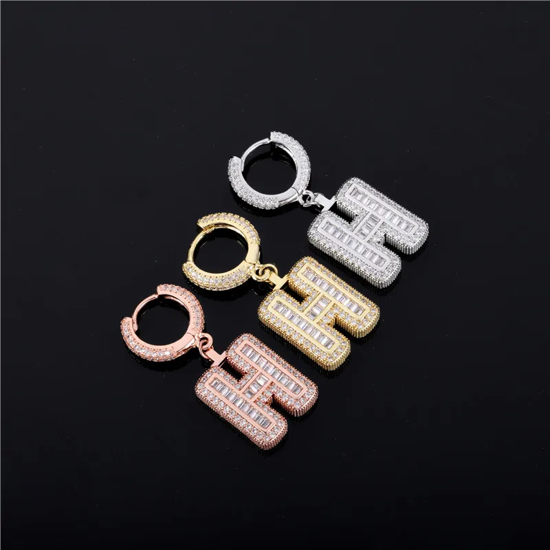 

Hip Hop 1pc Iced Out Bling Baguette Cubic Zirconia Customized letters Earring Rock For Men Women Jewelry