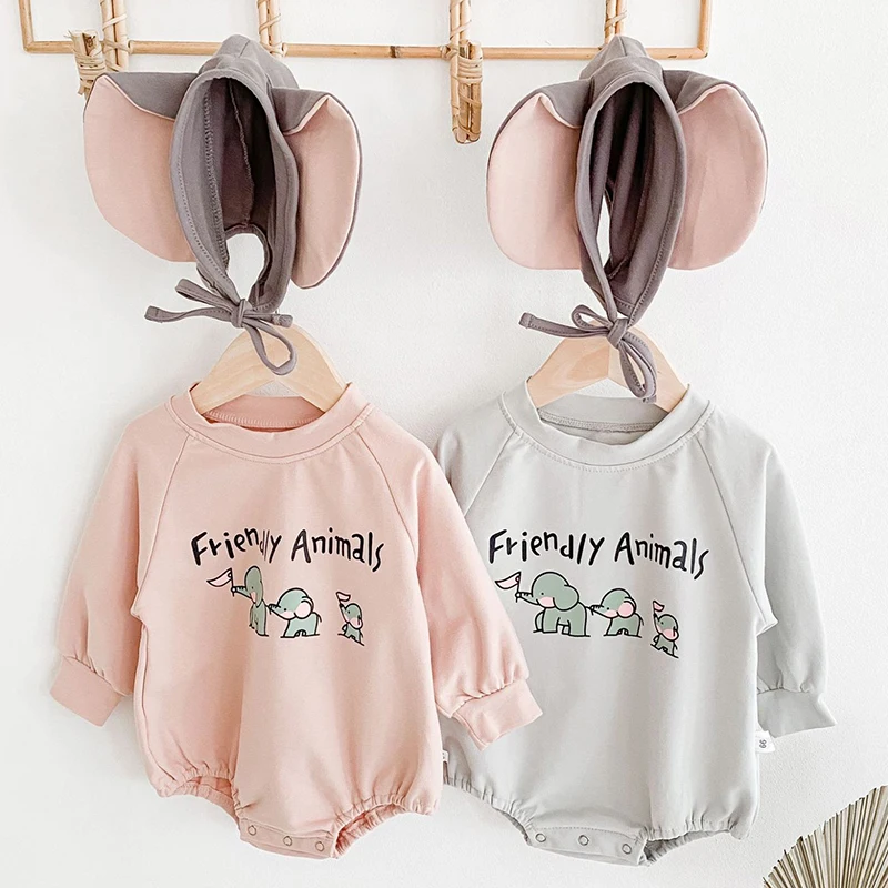 

Infant Baby Girls Cartoon Printing Jumpsuit+Hat Korean Style Baby Girls Clothes Toddler Baby Girl Cotton Long Sleeve Romper
