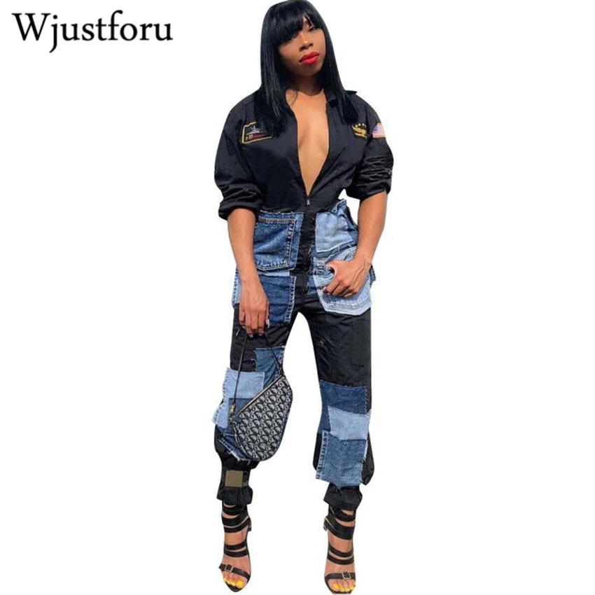 

Wjustforu Fashion Patchwork Denim Jumpsuit For Women Long Sleeve Casual Jean Bodysuit Female Autumn Vestido Print Overalls Slim