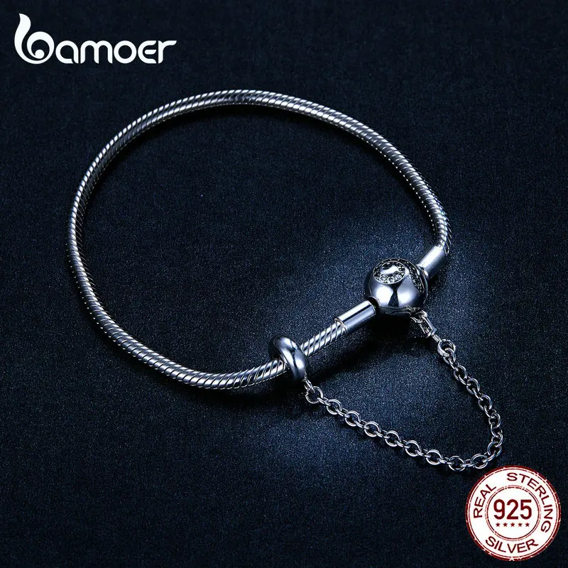 Bamoer, базовый Серебряный браслет-змея 925, 3 мм, с безопасной цепочкой, силиконовые бусины, сделай сам, аксессуары для изготовления ювелирных изделий, Bijoux BSB033