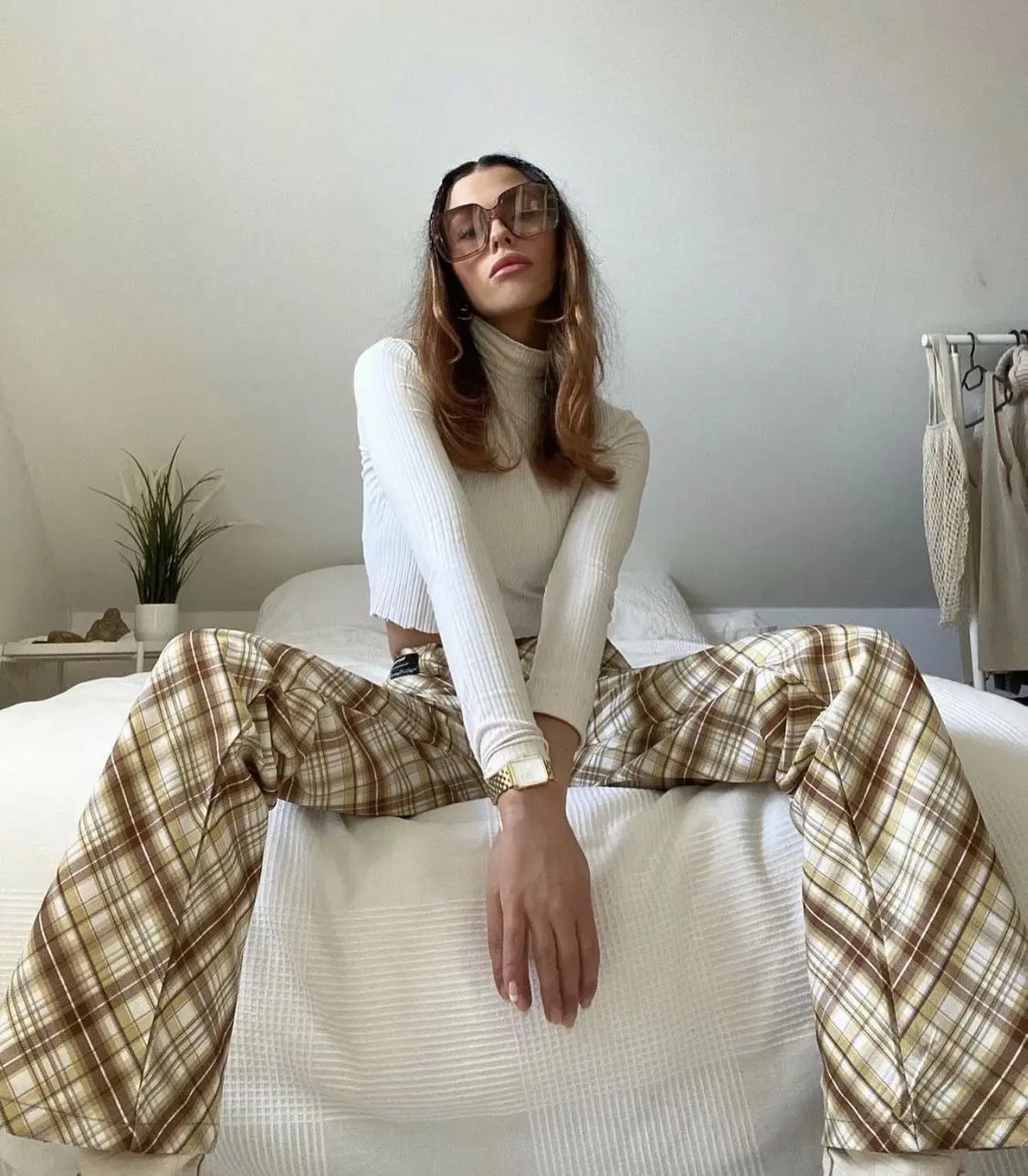 

2021 Women Plaid Wide Leg Pant High Waist Zipper Trousers Elegant Autumn Summer Street Style Femme Pants