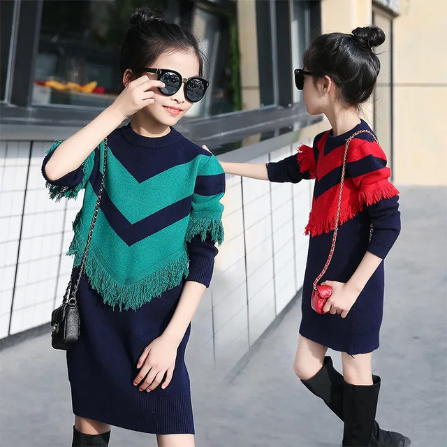 

Rlyaeiz Kids Clothes Fashion Tassel Knitted Girls Dress Spring Autumn Colorful Long Sleeve Girls Princess Dress Age 5-13y