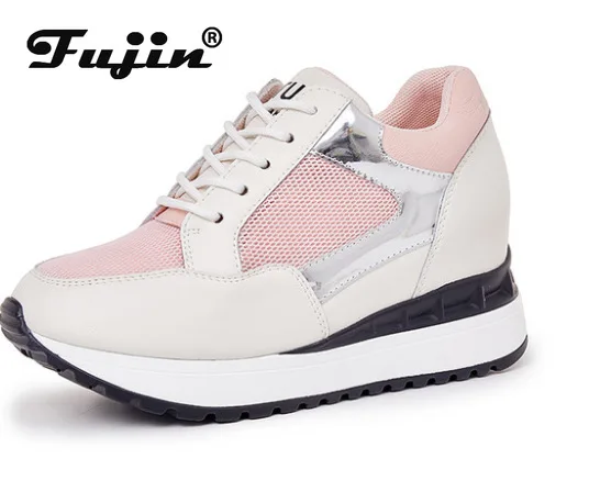 

fujin 2021 ins dad shoes chunky sneakers platform wedge heel 8cm genuine leather hollow cut summer breathable comfy sneakers