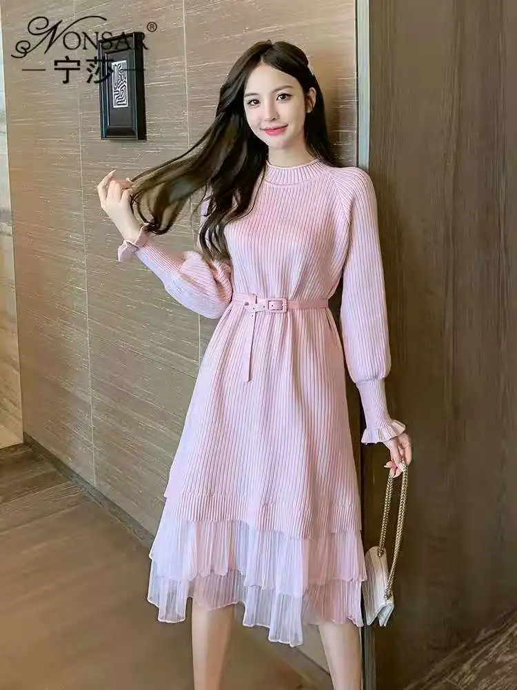 

2020 autumn and winter new fashion is thin temperament base matching dress female mid-length knitted skirt