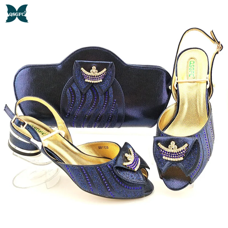 

QSGFC New Arrival Italian Design Summer Low Heels Nigerian Ladies Shoes and Bag Set in D.Blue Color for Party Wedding