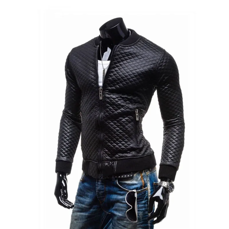 Мужская приталенная куртка из ПУ кожи короткая стеганая в клетку Повседневная