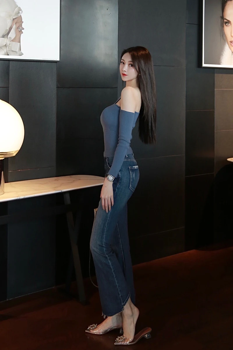 

classic versatile small hole jeans women's irregular high waist slim high flared pants