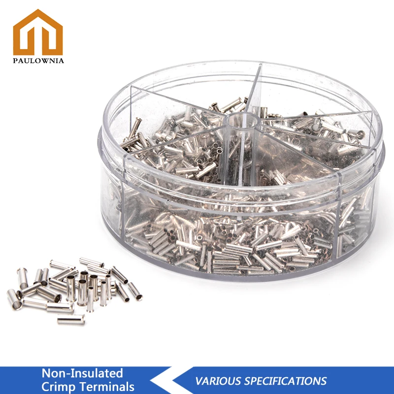 

1900PCS Non-Insulated Wire Connector Electrical Cable Terminals Ferrules Copper Tinned Bare Crimp Tube Terminal 0.5-2.5 mm2
