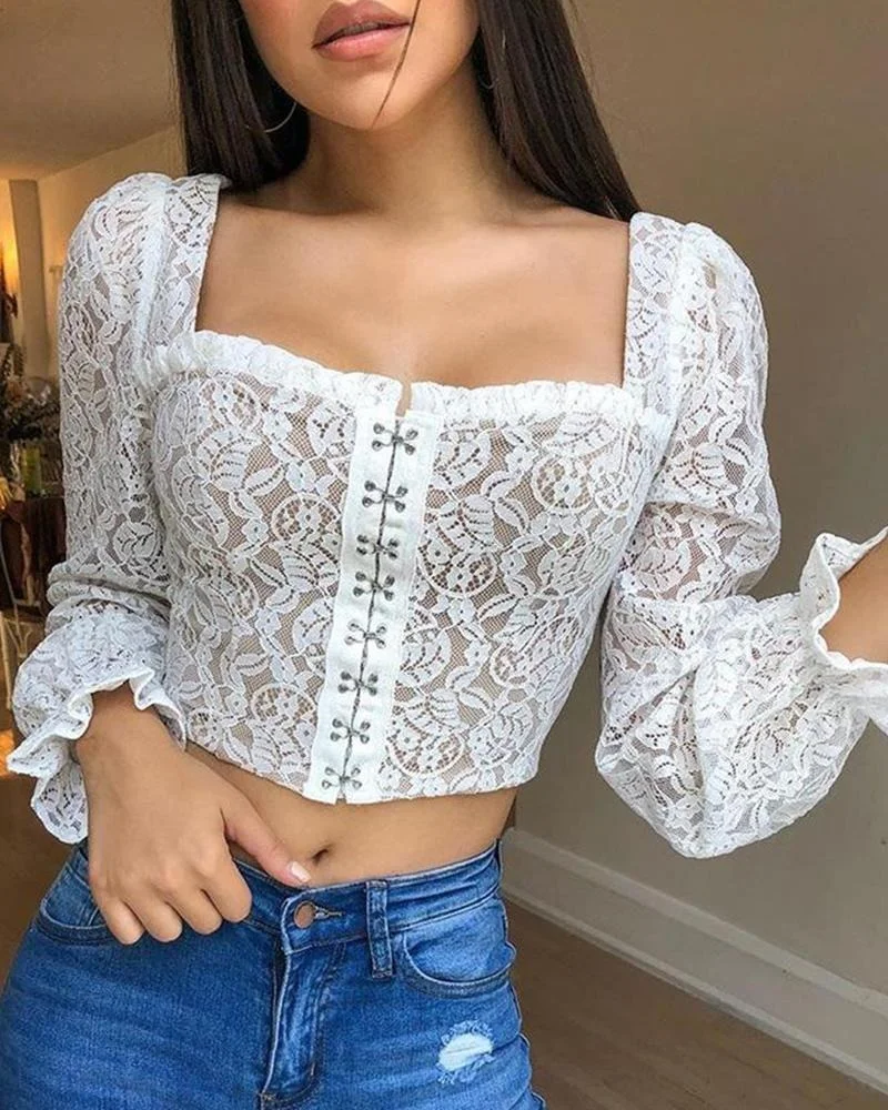 

2021 Women Summer Sexy Floral Bandage Short Sleeve Tops Lace Up Corset Tops Cropped Top Lantern Sleeve Tee Crop Top Party Club